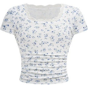 image:imageRoseSeek Girls Ditsy Floral Print Lace T Shirt Short Sleeve Ribbed Ruched Cute Tee Shirts Summer TopsBlue