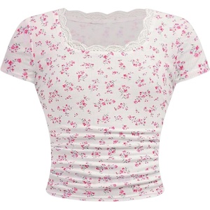 image:imageRoseSeek Girls Ditsy Floral Print Lace T Shirt Short Sleeve Ribbed Ruched Cute Tee Shirts Summer TopsFloral White