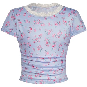 image:imageRoseSeek Girls Ditsy Floral Print Lace T Shirt Short Sleeve Ribbed Ruched Cute Tee Shirts Summer TopsLight Blue