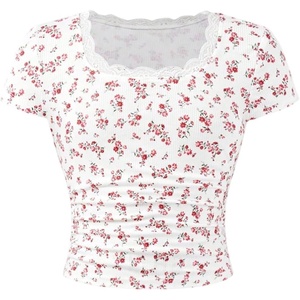 image:imageRoseSeek Girls Ditsy Floral Print Lace T Shirt Short Sleeve Ribbed Ruched Cute Tee Shirts Summer TopsRed