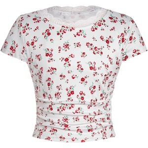 image:imageRoseSeek Girls Ditsy Floral Print Lace T Shirt Short Sleeve Ribbed Ruched Cute Tee Shirts Summer TopsRed and White