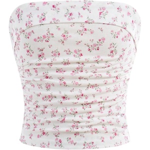 image:imageRoseSeek Girls Ditsy Floral Strapless Tube Top Cute Sleeveless Ruched Ribbed Bandeau TopsFloral Pink