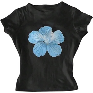 image:imageRoseSeek Girls Floral Hibiscus Graphic Tees Y2K Short Sleeve Crew Neck Casual Summer Tight ShirtBlack