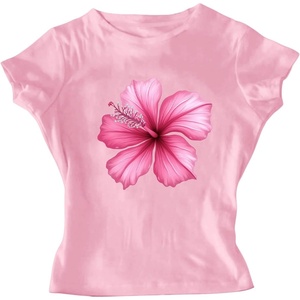image:imageRoseSeek Girls Floral Hibiscus Graphic Tees Y2K Short Sleeve Crew Neck Casual Summer Tight ShirtFloral Pink