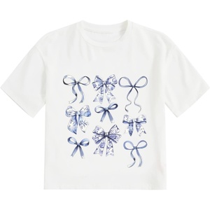 image:imageRoseSeek Girls Graphic Print Tee Shirt Round Neck Short Sleeve T Shirts Summer Cute Trendy TopsWhite and Blue Bow