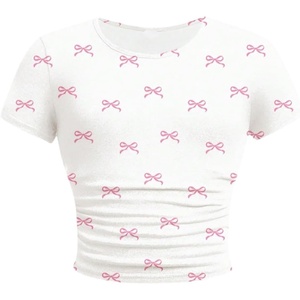 image:imageRoseSeek Girls Graphic Tee Crew Neck Letter Bow Print Crop Tops Casual Cute Short Sleeve T ShirtBowknot White