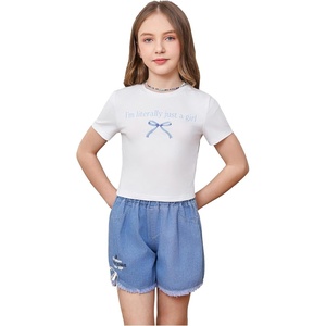 image:imageRoseSeek Girls Graphic Tee Crew Neck Letter Bow Print Crop Tops Casual Cute Short Sleeve T ShirtWhite and Blue