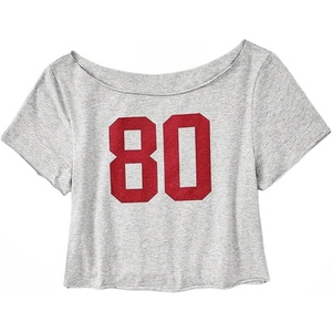 image:imageRoseSeek Girls Graphic Tees Off The Shoulder Tops Short Sleeve Jersey Shirts Y2K Crop TopsLight Grey and Red
