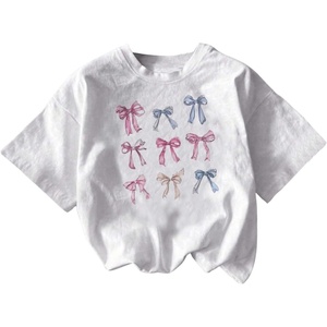image:imageRoseSeek Girls Graphic Tees Short Sleeve Bow Print Tee Tops Crew Neck Drop Shoulder Casual Summer T ShirtsWhite