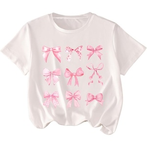 image:imageRoseSeek Girls Graphic Tees Short Sleeve Bow Print Tee Tops Crew Neck Drop Shoulder Casual Summer T ShirtsWhite Pink Bow