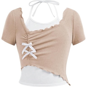 image:imageRoseSeek Girls Halter Crop Tops Colorblock Bowknot Fake Two Piece Cute Summer T Shirt Y2k Tops TrendyApricot