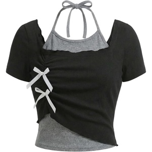 image:imageRoseSeek Girls Halter Crop Tops Colorblock Bowknot Fake Two Piece Cute Summer T Shirt Y2k Tops TrendyBlack