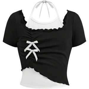 image:imageRoseSeek Girls Halter Crop Tops Colorblock Bowknot Fake Two Piece Cute Summer T Shirt Y2k Tops TrendyBlack With White