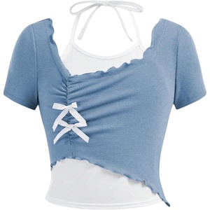 image:imageRoseSeek Girls Halter Crop Tops Colorblock Bowknot Fake Two Piece Cute Summer T Shirt Y2k Tops TrendyBlue and White
