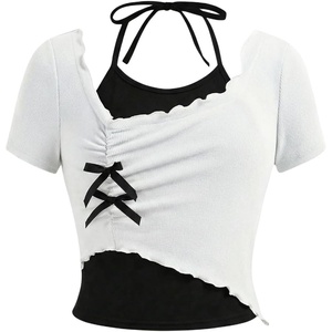 image:imageRoseSeek Girls Halter Crop Tops Colorblock Bowknot Fake Two Piece Cute Summer T Shirt Y2k Tops TrendyBow Black and White