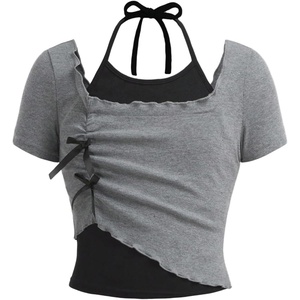 image:imageRoseSeek Girls Halter Crop Tops Colorblock Bowknot Fake Two Piece Cute Summer T Shirt Y2k Tops TrendyDark Grey
