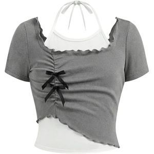 image:imageRoseSeek Girls Halter Crop Tops Colorblock Bowknot Fake Two Piece Cute Summer T Shirt Y2k Tops TrendyGrey and White
