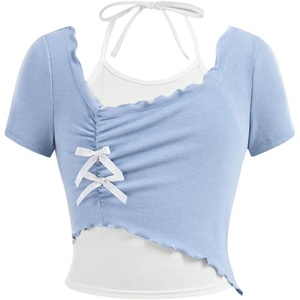 image:imageRoseSeek Girls Halter Crop Tops Colorblock Bowknot Fake Two Piece Cute Summer T Shirt Y2k Tops TrendyLight Blue