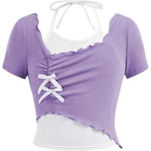 image:imageRoseSeek Girls Halter Crop Tops Colorblock Bowknot Fake Two Piece Cute Summer T Shirt Y2k Tops TrendyMauve Purple