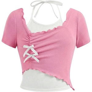 image:imageRoseSeek Girls Halter Crop Tops Colorblock Bowknot Fake Two Piece Cute Summer T Shirt Y2k Tops TrendyPink and White