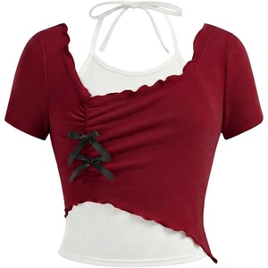 image:imageRoseSeek Girls Halter Crop Tops Colorblock Bowknot Fake Two Piece Cute Summer T Shirt Y2k Tops TrendyRed