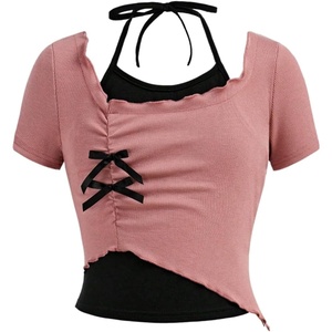 image:imageRoseSeek Girls Halter Crop Tops Colorblock Bowknot Fake Two Piece Cute Summer T Shirt Y2k Tops TrendyWatermelon Pink