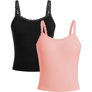image:imageRoseSeek Girls Lace Tank Tops Ribbed Knit Sleeveless Basic Tank Shirts Cute Camisole TopsBlack and Pink