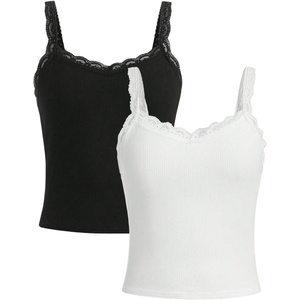 image:imageRoseSeek Girls Lace Tank Tops Ribbed Knit Sleeveless Basic Tank Shirts Cute Camisole TopsBlack and White