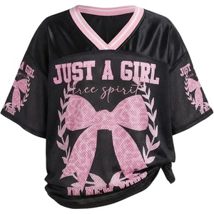 image:imageRoseSeek Girls Leopard Bows Graphic Tees Oversized Football Jersey Mesh Color Block Short Sleeve T ShirtBlack