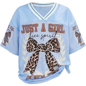image:imageRoseSeek Girls Leopard Bows Graphic Tees Oversized Football Jersey Mesh Color Block Short Sleeve T ShirtBlue