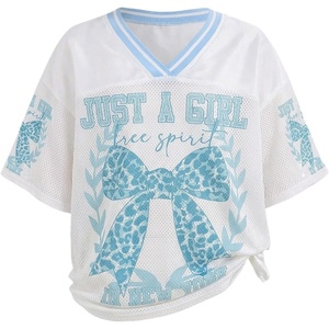 image:imageRoseSeek Girls Leopard Bows Graphic Tees Oversized Football Jersey Mesh Color Block Short Sleeve T ShirtBlue and White