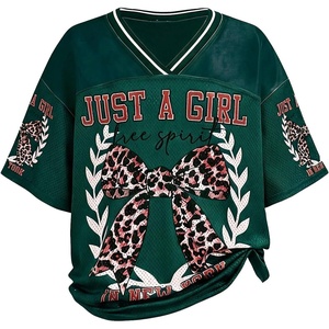 image:imageRoseSeek Girls Leopard Bows Graphic Tees Oversized Football Jersey Mesh Color Block Short Sleeve T ShirtDark Green