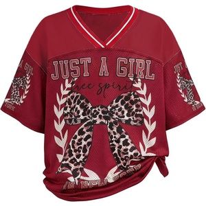 image:imageRoseSeek Girls Leopard Bows Graphic Tees Oversized Football Jersey Mesh Color Block Short Sleeve T ShirtDark Red