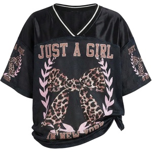 image:imageRoseSeek Girls Leopard Bows Graphic Tees Oversized Football Jersey Mesh Color Block Short Sleeve T ShirtLetter Black