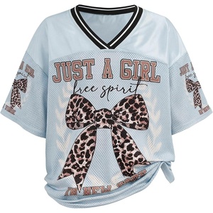 image:imageRoseSeek Girls Leopard Bows Graphic Tees Oversized Football Jersey Mesh Color Block Short Sleeve T ShirtLight Grey