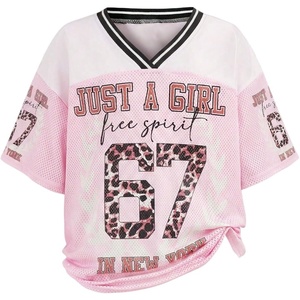 image:imageRoseSeek Girls Leopard Bows Graphic Tees Oversized Football Jersey Mesh Color Block Short Sleeve T ShirtMix Pink