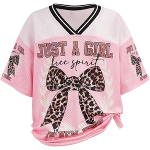 image:imageRoseSeek Girls Leopard Bows Graphic Tees Oversized Football Jersey Mesh Color Block Short Sleeve T ShirtPink