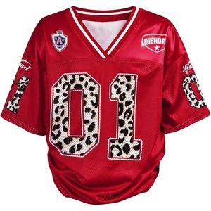 image:imageRoseSeek Girls Leopard Bows Graphic Tees Oversized Football Jersey Mesh Color Block Short Sleeve T ShirtRed