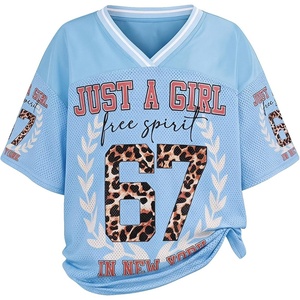 image:imageRoseSeek Girls Leopard Bows Graphic Tees Oversized Football Jersey Mesh Color Block Short Sleeve T ShirtSheer Blue
