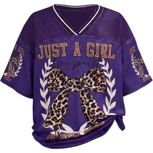 image:imageRoseSeek Girls Leopard Bows Graphic Tees Oversized Football Jersey Mesh Color Block Short Sleeve T ShirtViolet Purple