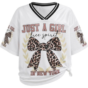 image:imageRoseSeek Girls Leopard Bows Graphic Tees Oversized Football Jersey Mesh Color Block Short Sleeve T ShirtWhite