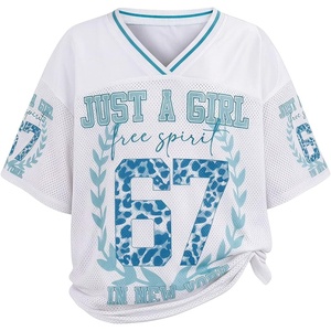 image:imageRoseSeek Girls Leopard Bows Graphic Tees Oversized Football Jersey Mesh Color Block Short Sleeve T ShirtWhite and Blue