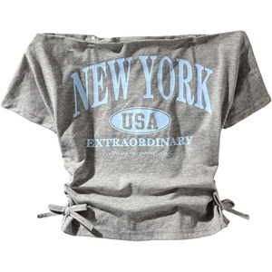 image:imageRoseSeek Girls Off The Shoulder Letter Graphic Tees Short Sleeve Ruched Bowknot T Shirts Cute Crop TopsGrey