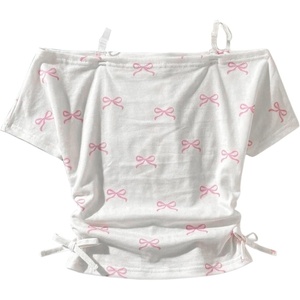 image:imageRoseSeek Girls Off The Shoulder Letter Graphic Tees Short Sleeve Ruched Bowknot T Shirts Cute Crop TopsWhite