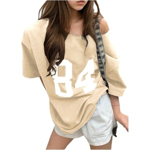 image:imageRoseSeek Girls Off The Shoulder Tops Number Graphic Jersey Shirts Short Sleeve Oversized T Shirts Y2k TopsApricot