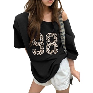 image:imageRoseSeek Girls Off The Shoulder Tops Number Graphic Jersey Shirts Short Sleeve Oversized T Shirts Y2k TopsBlack Leopard