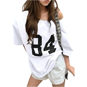 image:imageRoseSeek Girls Off The Shoulder Tops Number Graphic Jersey Shirts Short Sleeve Oversized T Shirts Y2k TopsNumber White
