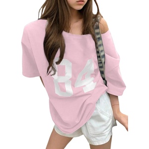 image:imageRoseSeek Girls Off The Shoulder Tops Number Graphic Jersey Shirts Short Sleeve Oversized T Shirts Y2k TopsPink