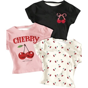 image:imageRoseSeek Girls Shirts 3 Packs Graphic Tees Vacation Hibiscus Top Crewneck Short Sleeve Cute Tops Summer Slim Fit T ShirtCherry Black White Pink