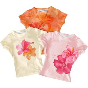 image:imageRoseSeek Girls Shirts 3 Packs Graphic Tees Vacation Hibiscus Top Crewneck Short Sleeve Cute Tops Summer Slim Fit T ShirtFloral Pink Yellow Orange